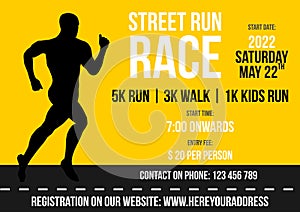 Street run race vector flyer, label with black runner silhouette on yellow background