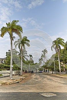 A street running perpendicular to the Beach road, with its Palm Lined avenue heading into town, on Sao Tome Island.