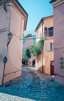 Street in Santarcangelo c views of the chapel Italy