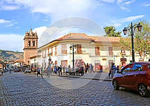 Street scene of Calle Santa Clara, one of the oldest street in the historic center of Cusco, Peru