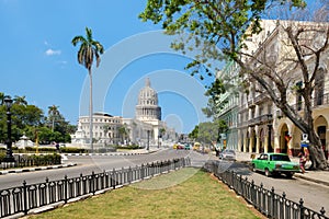 Street scene with the Capitol building in Old Havana