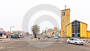 A street scene with the Holy Rosary Roman Catholic Church, Swakopmund, Namibia.