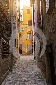 Street scene in old mediterranean town of Rovinj, Croatia