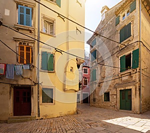 Street scene in old mediterranean town of Rovinj, Croatia