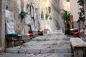 Street scene in the picturesque Puglian town of Peschici on the Gargano Peninsula, Southern Italy.