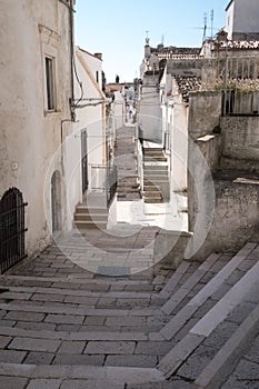 Street scene with steps in Monte Sant`Angelo, on the Gargano Promontory in Puglia, southern Italy.