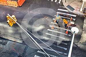 Street scene with utility workers