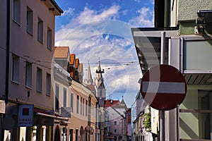 street scene in Wiener Neustadt with the cathedral in the backgro