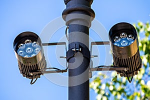 Street security camera and urban video. Infrared lighting