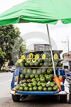 Street sell of avocado at an old car at El Cerrito on the Valle del Cauca region in Colombia