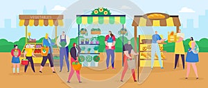 Street shop market vector illustration, cartoon flat people shopping with shopper bag, buying food or flowers, fair
