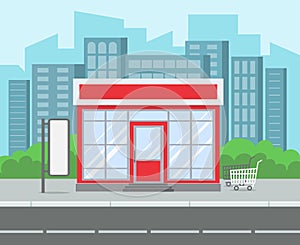 Street shop. Retro grocery store house supermarket exterior city street. Shopping retail building at road cartoon vector