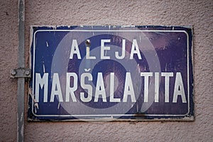 Street sign of Aleja Marsala Tita, meaning Marshall Tito alley in Serbian language. It is the main street of Subotica, Serbia