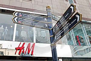 Street sign in city center in shopping area, Bullring, Birmingham, UK, 16. october 2010