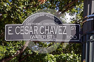 street sign congress avenue e. cesar chavez at the water street in Austin, Texas, historic district photo