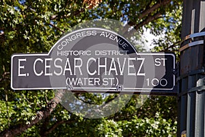 street sign congress avenue e. cesar chavez at the water street in Austin, Texas, historic district