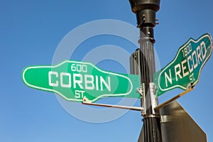 street sign Corbin and N Record at the historic district in Dallas, Texas photo