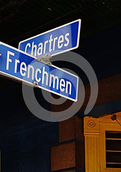 Street sign at the corner of Frenchmen and Chartres streets in the Marigny district of New Orleans