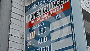 Street sign with courses will be hatched without exchange prices with the inscription Money changer