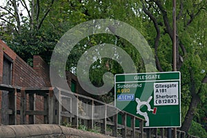 Street sign in Durham City Centre showing directions to Sunderland, Gilesgate,