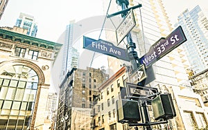 Street sign of Fifth Ave and West 33rd St in New York City - Manhattan