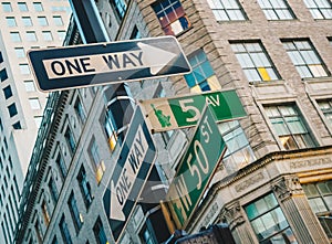 Street sign of Fifth Ave and West 50ST with skylines in background.- New York, USA