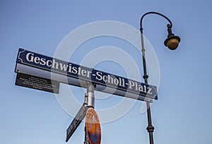 Street sign of the Geschwister-Scholl-Platz in Munich, Germany, photo