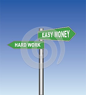 Street sign: Hard work - Easy money