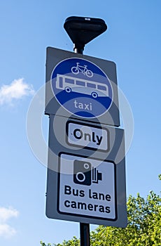 Street sign indicating cycles buses and taxis only Bolton Lancashire July 2020
