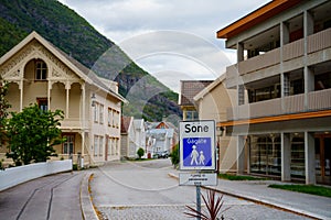 Street sign in a neighborhood in Laerdalsoyri Norway