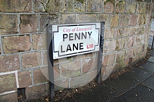 Street sign of Penny Lane, in Mossley Hill, a suburb of Liverpool, England.