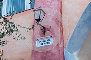 Street sign of Piazzetta del Cervo, Porto Cervo, Sardinia, Italy