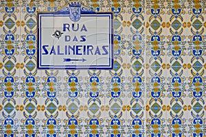 Street sign in Portugal. Blue tiles