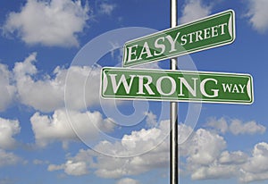 Street Signs With Easy Street and Wrong Way