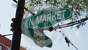 Street signs Market and Ross in Dallas Downtown