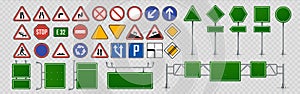 Street signs. Road direction and signboards and traffic control signs, green highway information shields. Vector photo