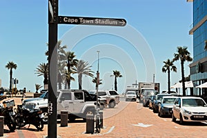 Street signs signpost in Mouille Point, Cape Town Stadium
