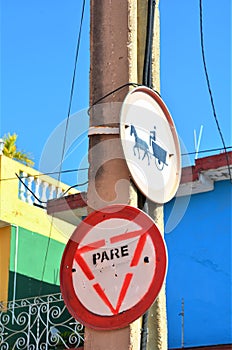 Street signs on the streets of Trinidad. Pare means stop