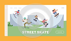 Street Skate Landing Page Template. Children Skating Longboard in City Park. Teen or Preteen Kids Skaters Freedom Life