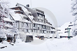Street of ski resort Kopaonik, Serbia after snow