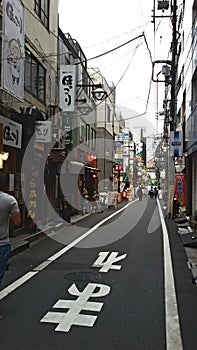 Street with small shops in suburban Tokyo