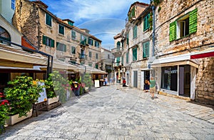 Street in Split historical center, Croatia. Beautiful square of the old town of Split in Croatia. Old stone street of Split