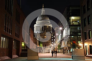 Street and St Paul Cathedral in London night, UK