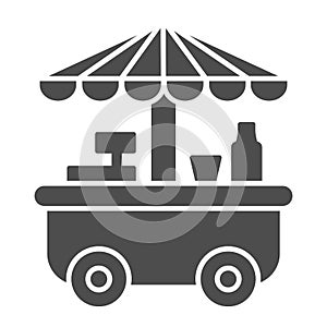 Street stall on wheels solid icon, market concept, Street sale cart sign on white background, Fast street food cart with