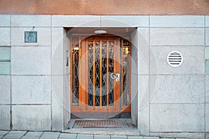 Street in Stockholm city, historic wooden door