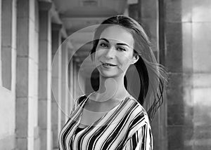 Street Style Outdoors Portrait of Beautiful Girl. Young Woman Smiling. Happy Lifestyle shoot. Fresh Face, Brown Hair