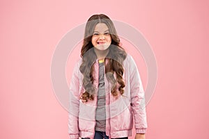 Street style outfit. Comfortable outfit for autumn. Trendy outfit. Little kid wear pink bomber jacket. Fashion girl