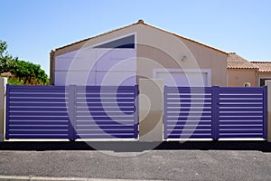 Street suburb modern two home grey dark metal aluminum double leaf carriage design and sliding house blue gates