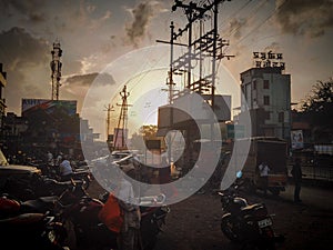 street sunset sky parking lightpoll cloths