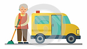 A street sweeper with a lownoise engine and slower speed allowing seniors to feel safe and comfortable while walking on photo